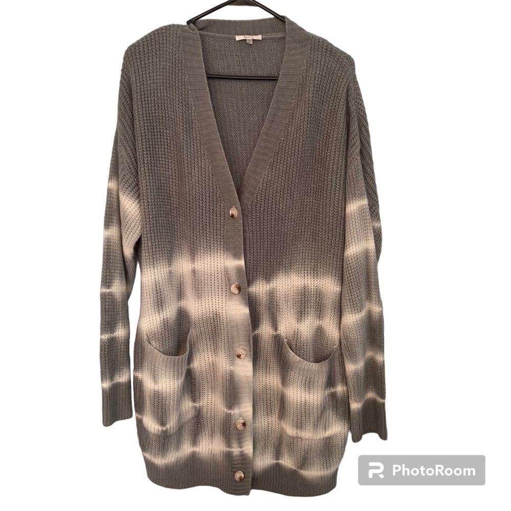 Jodifl Button Knit Cardigan Gray White Stripe Women’s Large Pockets